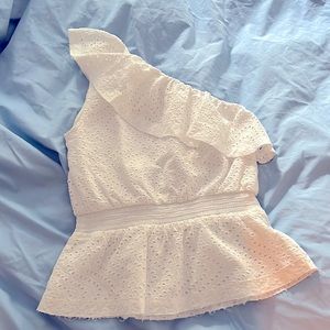 One shoulder eyelet white top